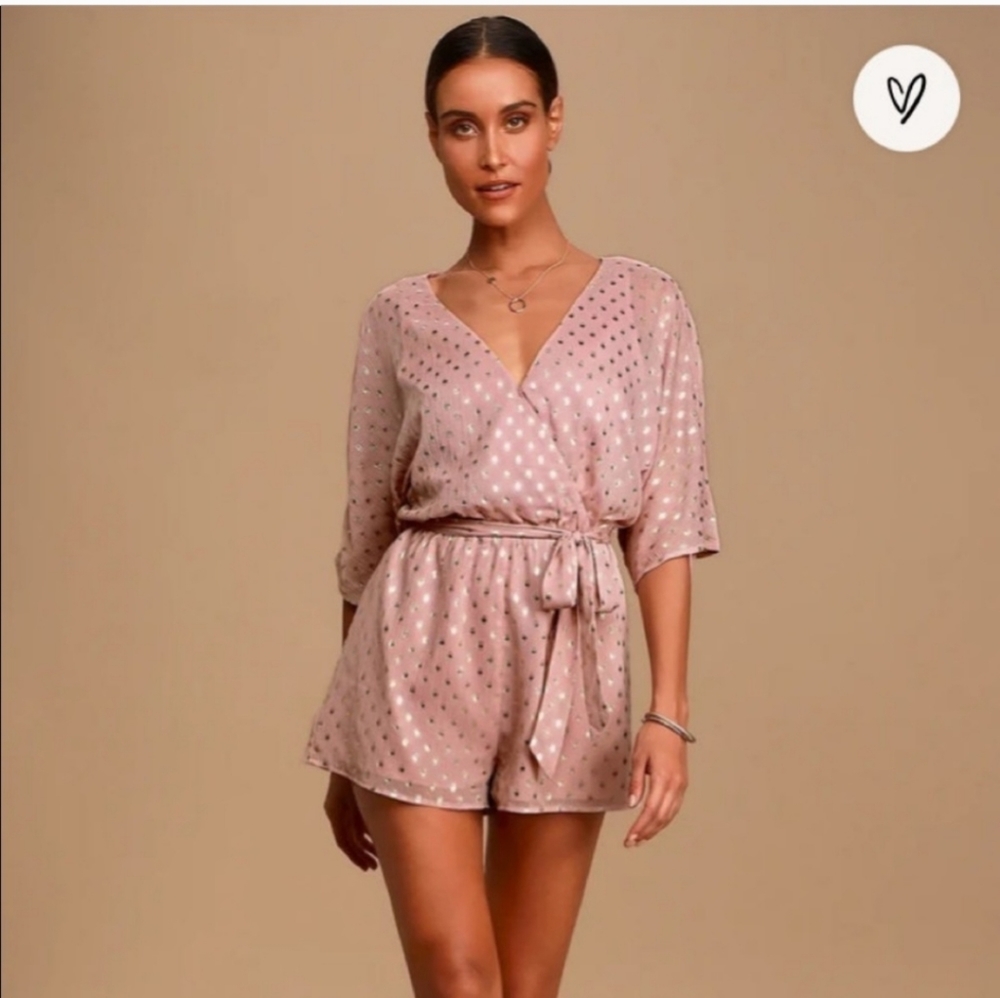 Lulus Delight at Dawn Gold and Mauve Print Surplice Romper Small